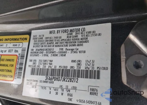 2018 Ford Fusion Se z USA, uszkodzony, nr VIN 3FA6P0HD7JR228212